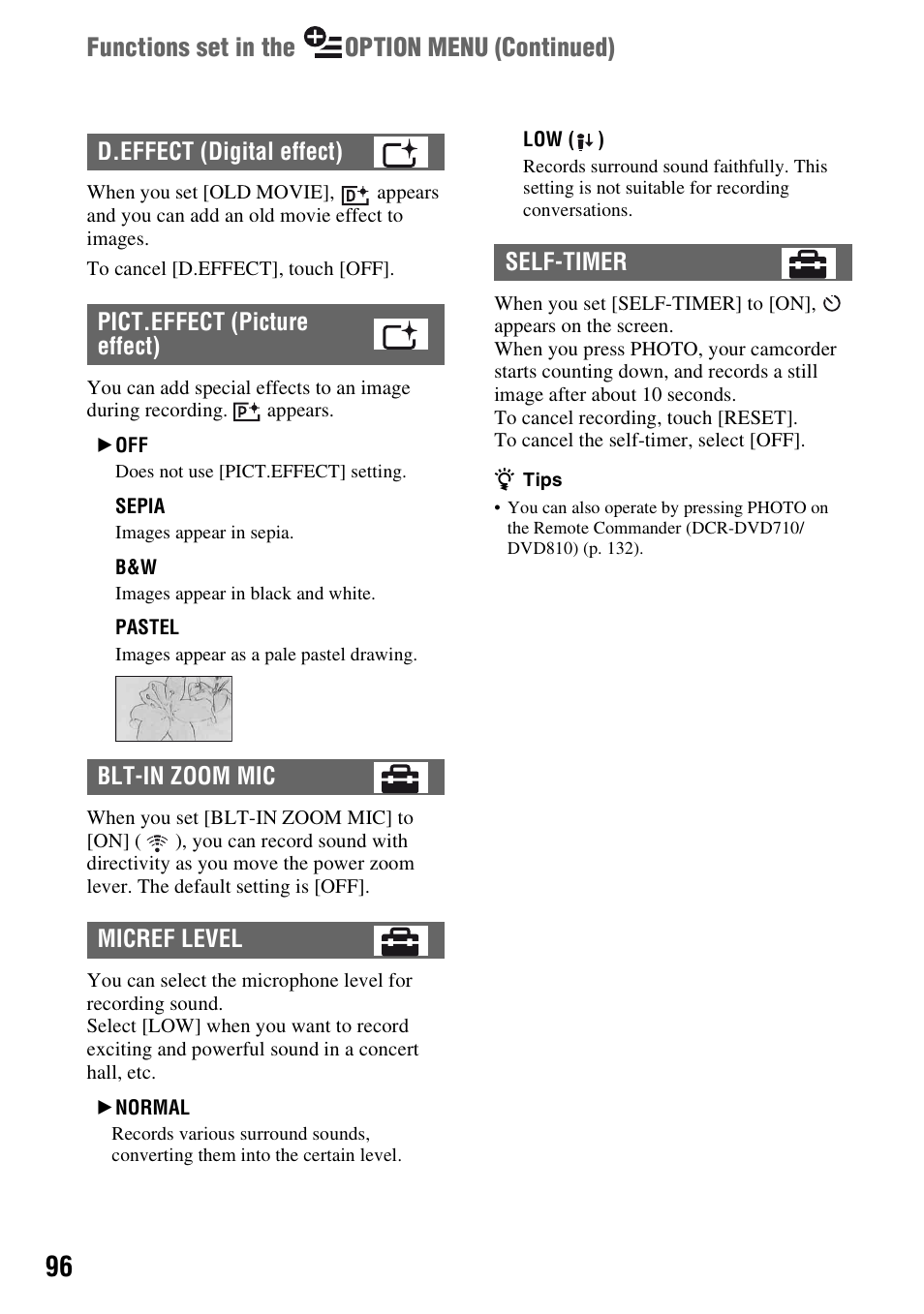 Functions set in the option menu (continued) | Sony DCR-DVD710 User Manual | Page 96 / 159