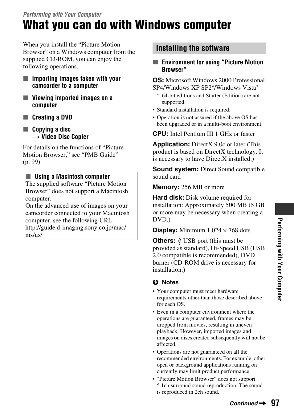 Performing with your computer, What you can do with windows computer, Performing with your | Computer, What you can do with windows, Er (p. 97), 1) (p. 97), P. 97), Installing the software | Sony DCR-DVD710 User Manual | Page 97 / 159