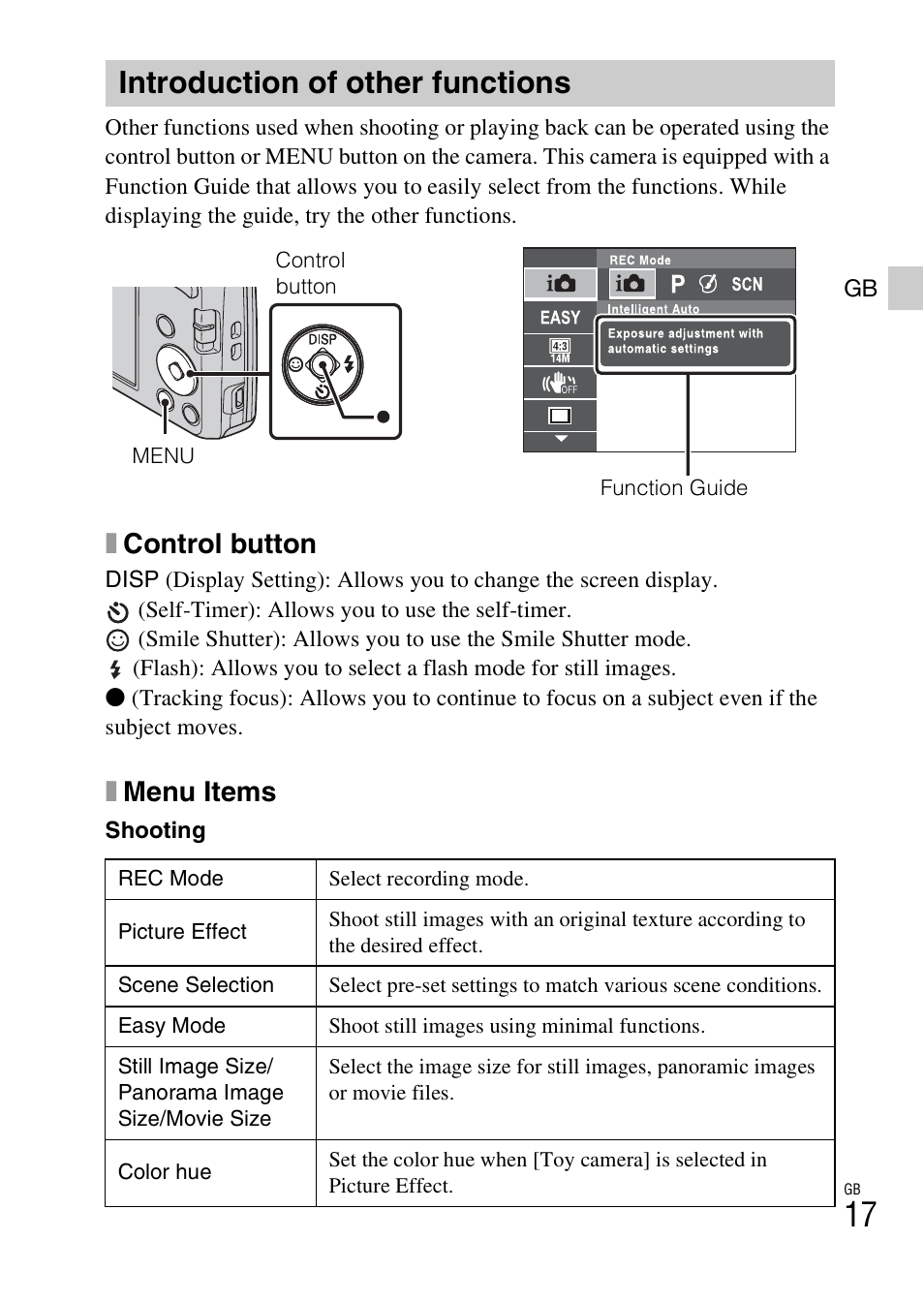 Introduction of other functions, Xcontrol button, Xmenu items | Sony DSC-W620 User Manual | Page 17 / 48