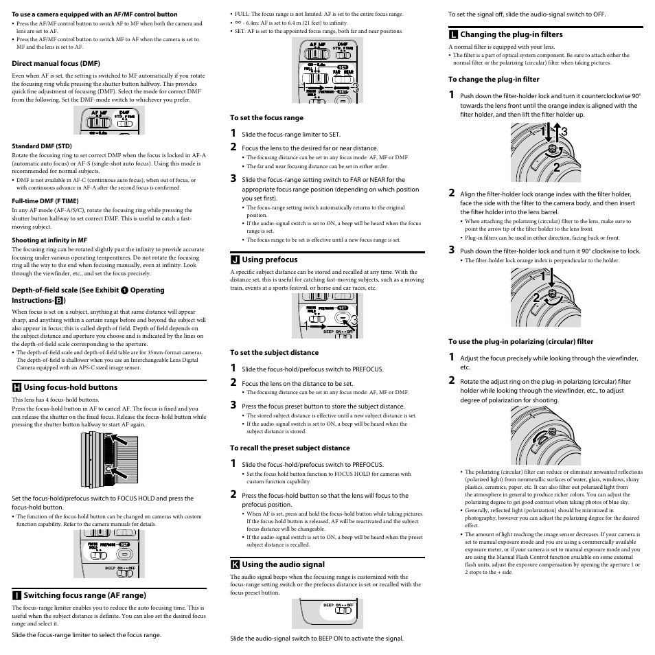 Using prefocus, Using the audio signal, Using focus-hold buttons | Switching focus range (af range), Changing the plug-in filters | Sony SAL-300F28G2 User Manual | Page 2 / 2