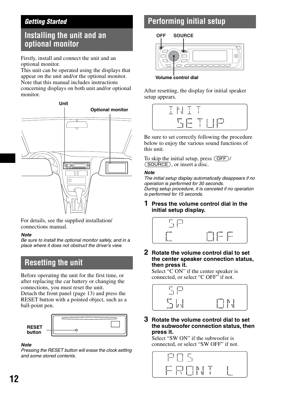 Getting started, Installing the unit and an optional monitor, Resetting the unit | Performing initial setup | Sony MEX-DV2000 User Manual | Page 12 / 192