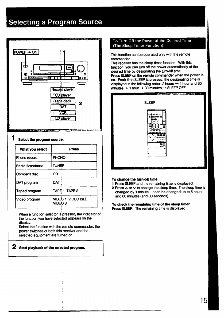 Selecting a program source, 2 start playback of the selected program, To change the turn-off time | To check the remaining time of the sieep timer | Sony STR-D790 User Manual | Page 15 / 40