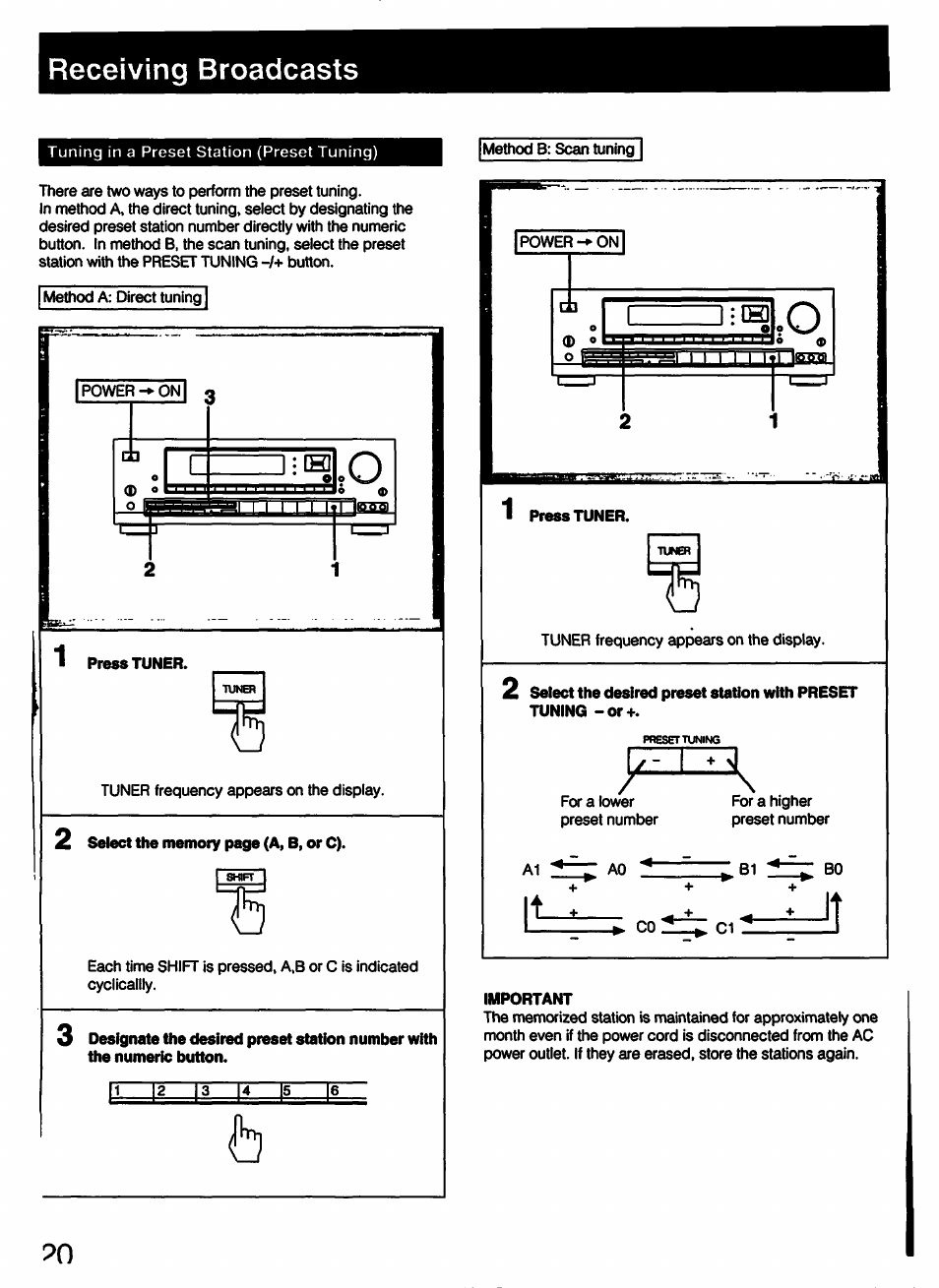 Press tuner, Important, Receiving broadcasts | Sony STR-D790 User Manual | Page 20 / 40