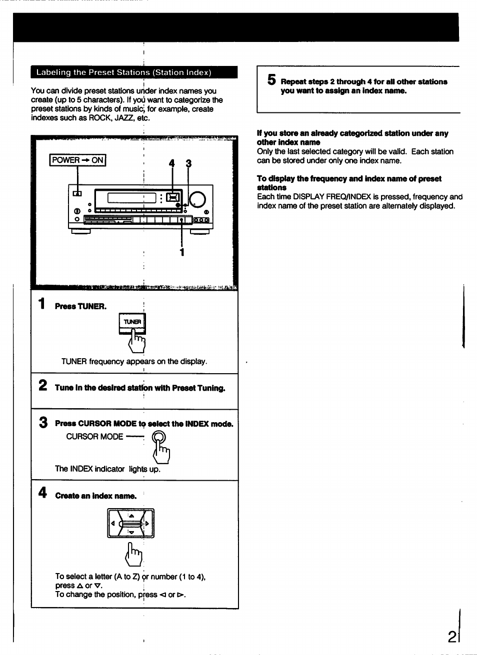 Press tuner, Tune in the desired station with preset tuning, 3 press cursor inode to seiect the index mode | Create an index name | Sony STR-D790 User Manual | Page 21 / 40