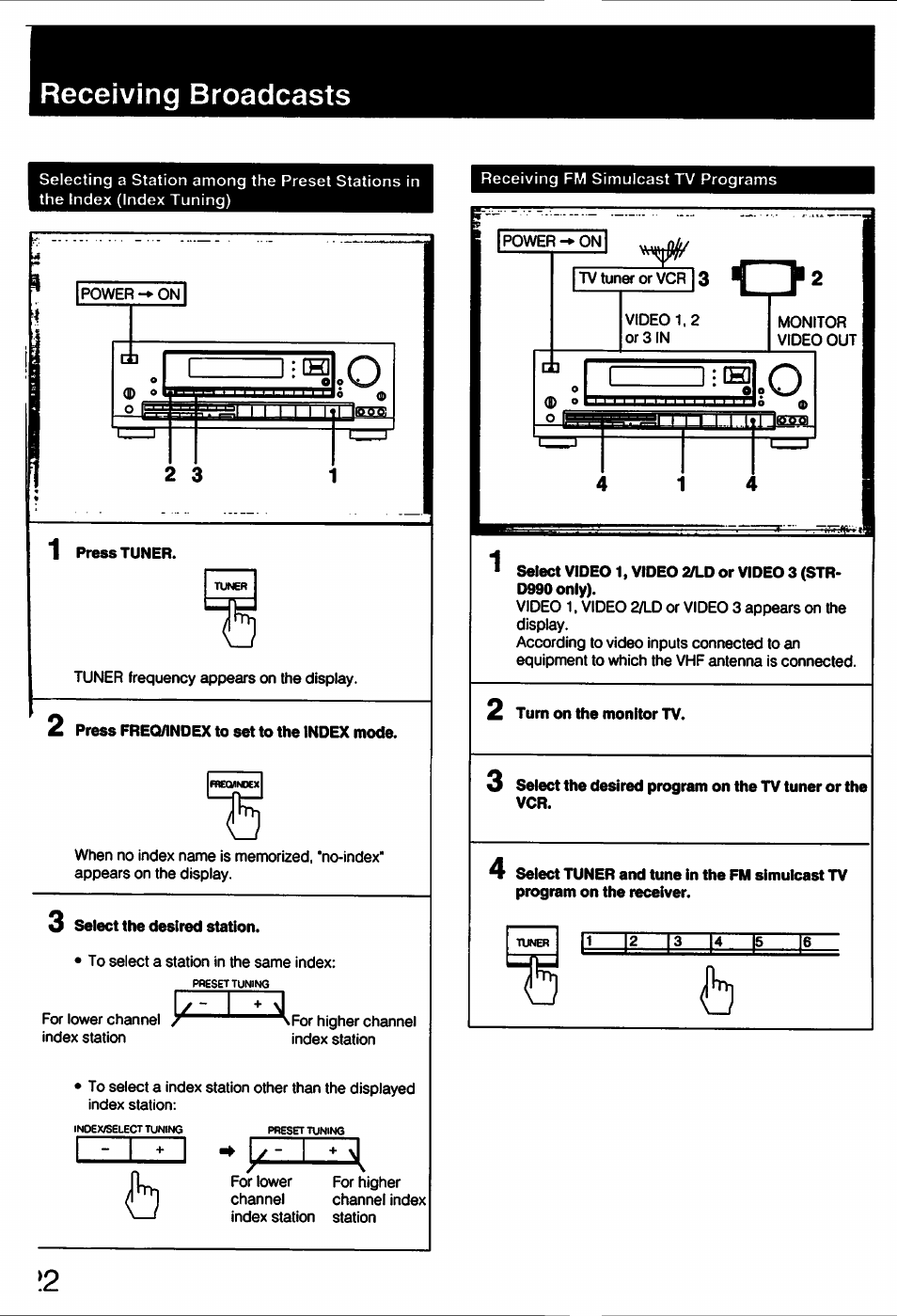 Receiving broadcasts, Press tuner, Press freq/index to set to the index mode | Select the desired station, Turn on the monitor tv, Deceiving broadcasts, 1 _ _ _ _ _ _ _ _ i;ih) ,o, 1 1-1 -li. 1 ij | Sony STR-D790 User Manual | Page 22 / 40