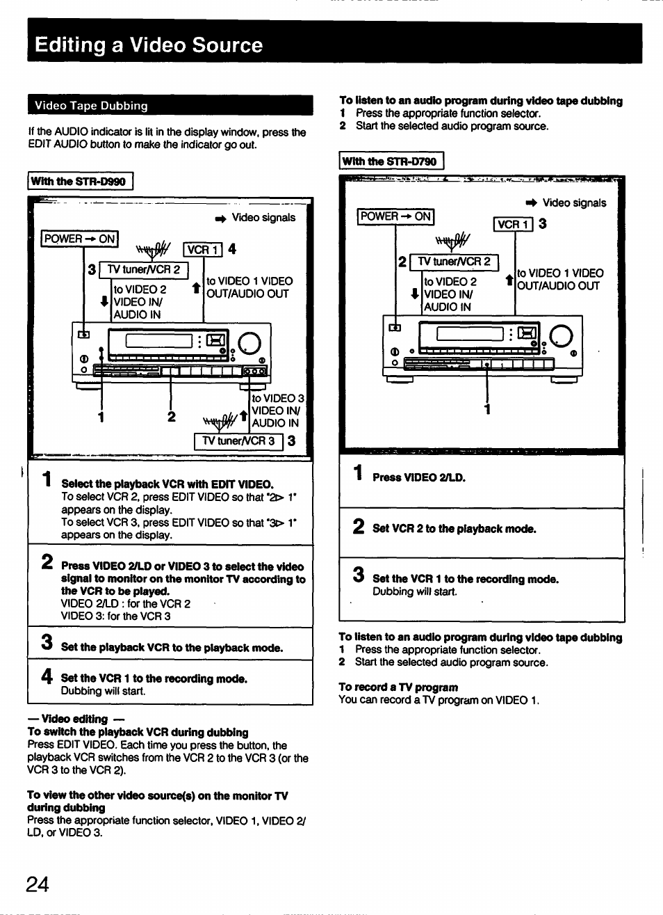 With the str-d990, Select the playback vcr with edit video, Set the playback vcr to the playback mode | 4 set the vcr 1 to the recording mode, Video editing, With the str-d790, Press video 2/ld, 2 set vcr 2 to the playback mode, 3 set the vcr 1 to the recording mode, To record a tv program | Sony STR-D790 User Manual | Page 24 / 40