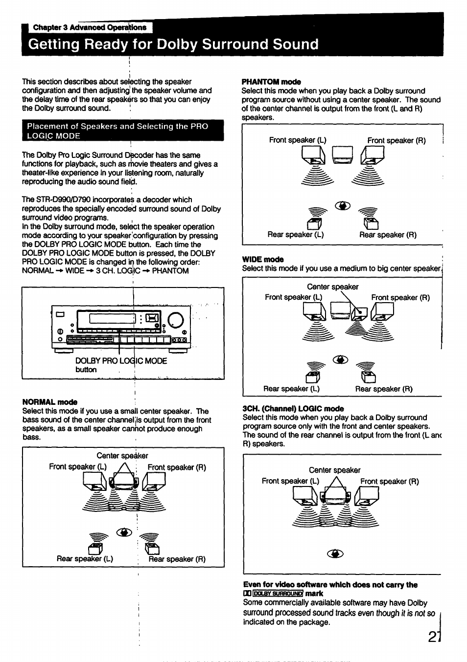 Chapter 3 advanced operaltiona, Getting ready for dolby surround sound, Normal mode | 3ch. (channel) logic mode, Even for video software which does not carry the, Is not so | Sony STR-D790 User Manual | Page 27 / 40