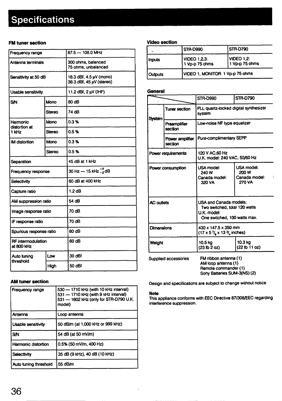 Specifications | Sony STR-D790 User Manual | Page 36 / 40