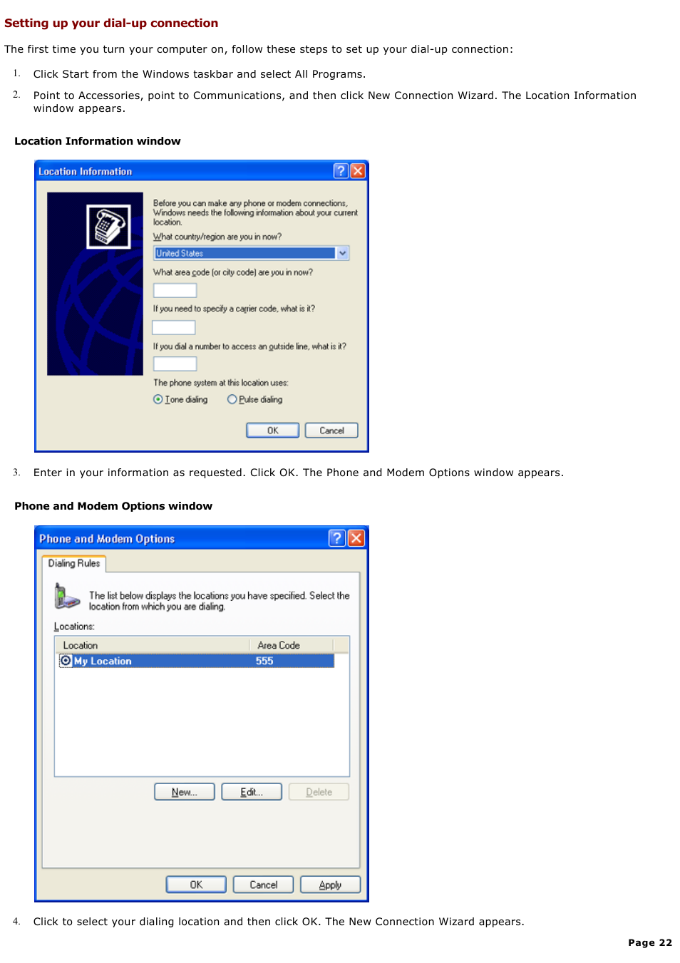Setting up your dial-up connection | Sony PCV-RX650 User Manual | Page 22 / 88
