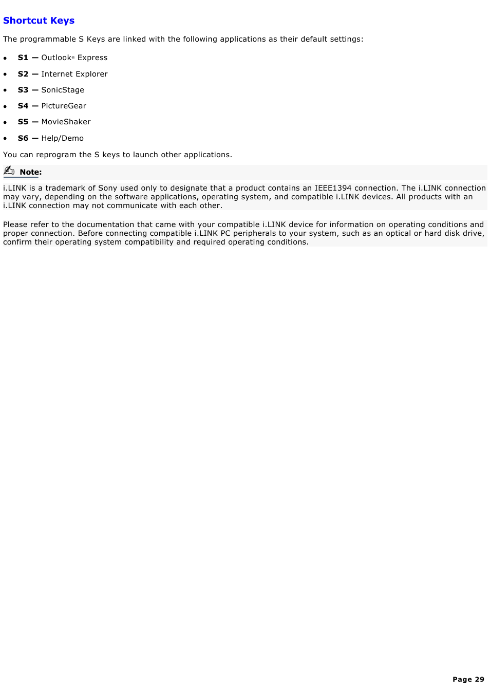 Shortcut keys | Sony PCV-RX650 User Manual | Page 29 / 88