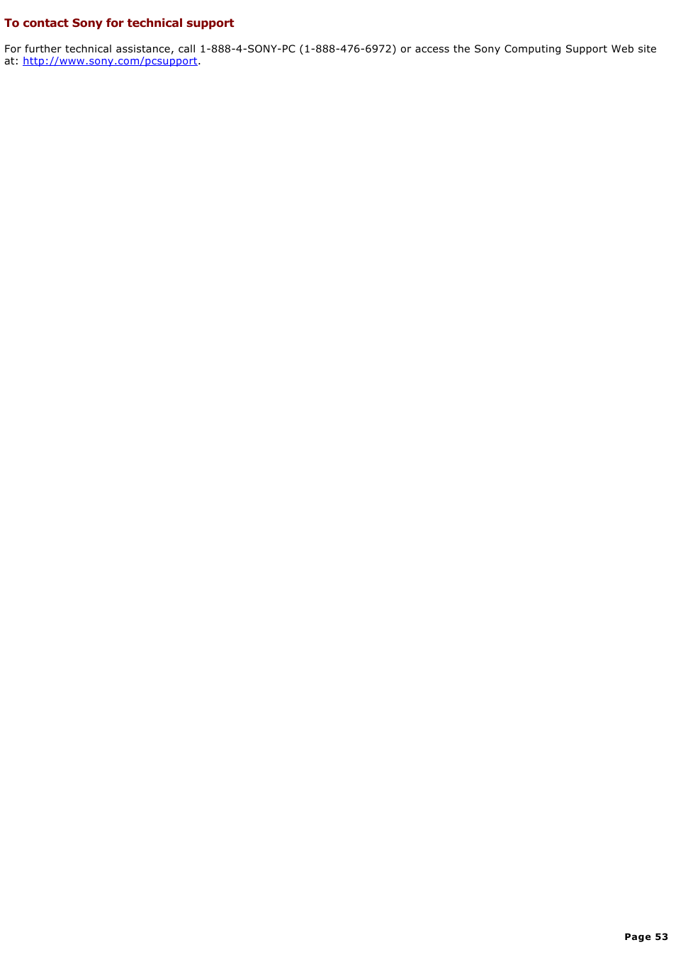 To contact sony for technical support | Sony PCV-RX650 User Manual | Page 53 / 88