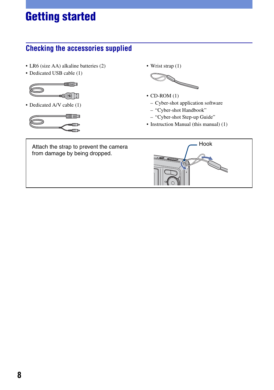 Getting started, Checking the accessories supplied | Sony DSC-S730 User Manual | Page 8 / 32