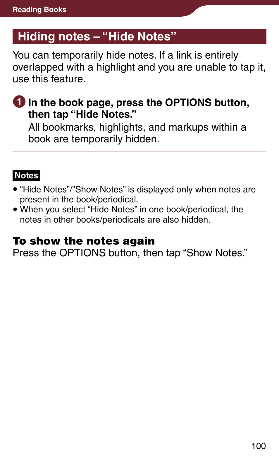 Hiding notes – “hide notes, Or delete the highlight | Sony PRS-900BC User Manual | Page 100 / 202