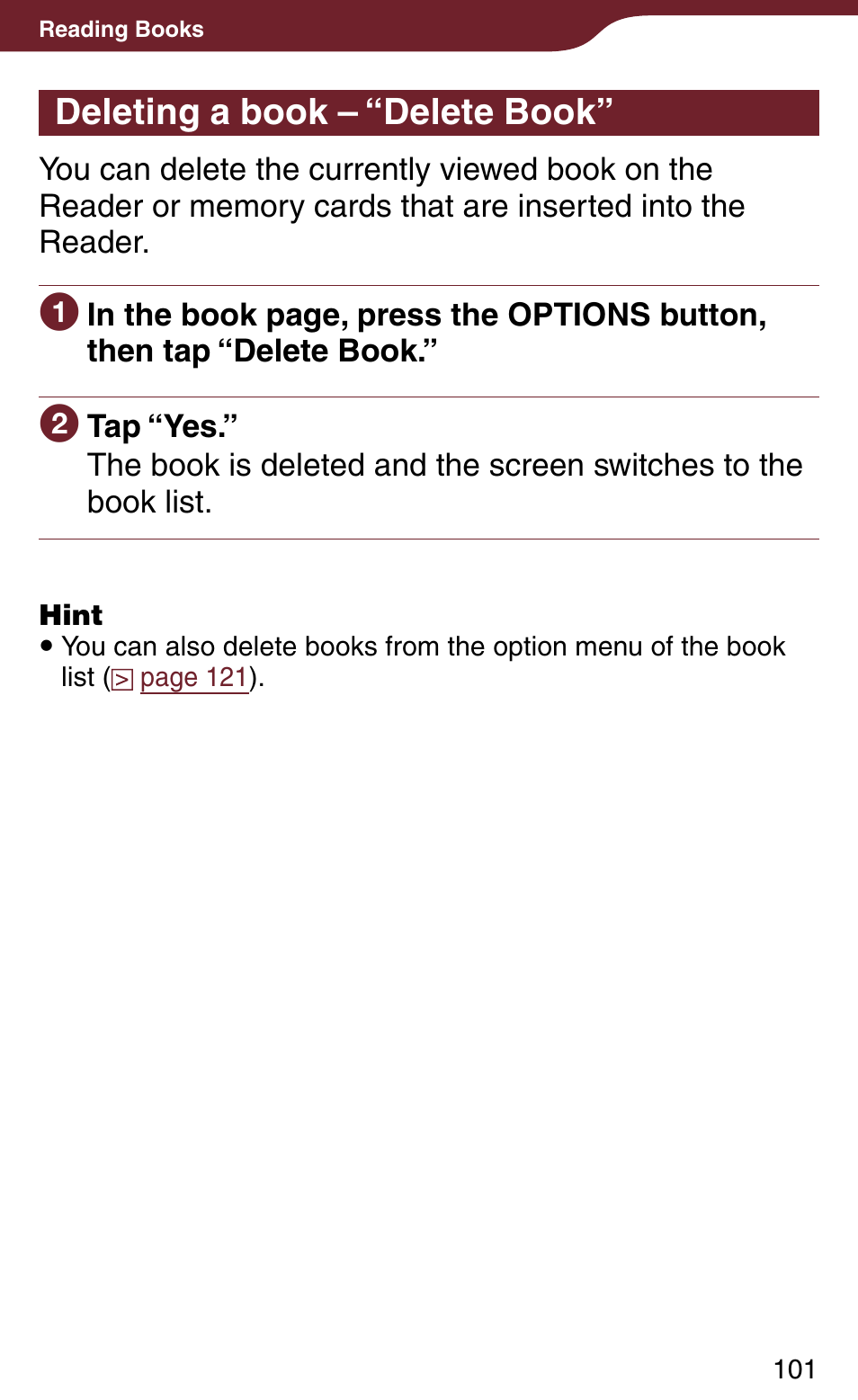 Deleting a book – “delete book, Ed book | Sony PRS-900BC User Manual | Page 101 / 202