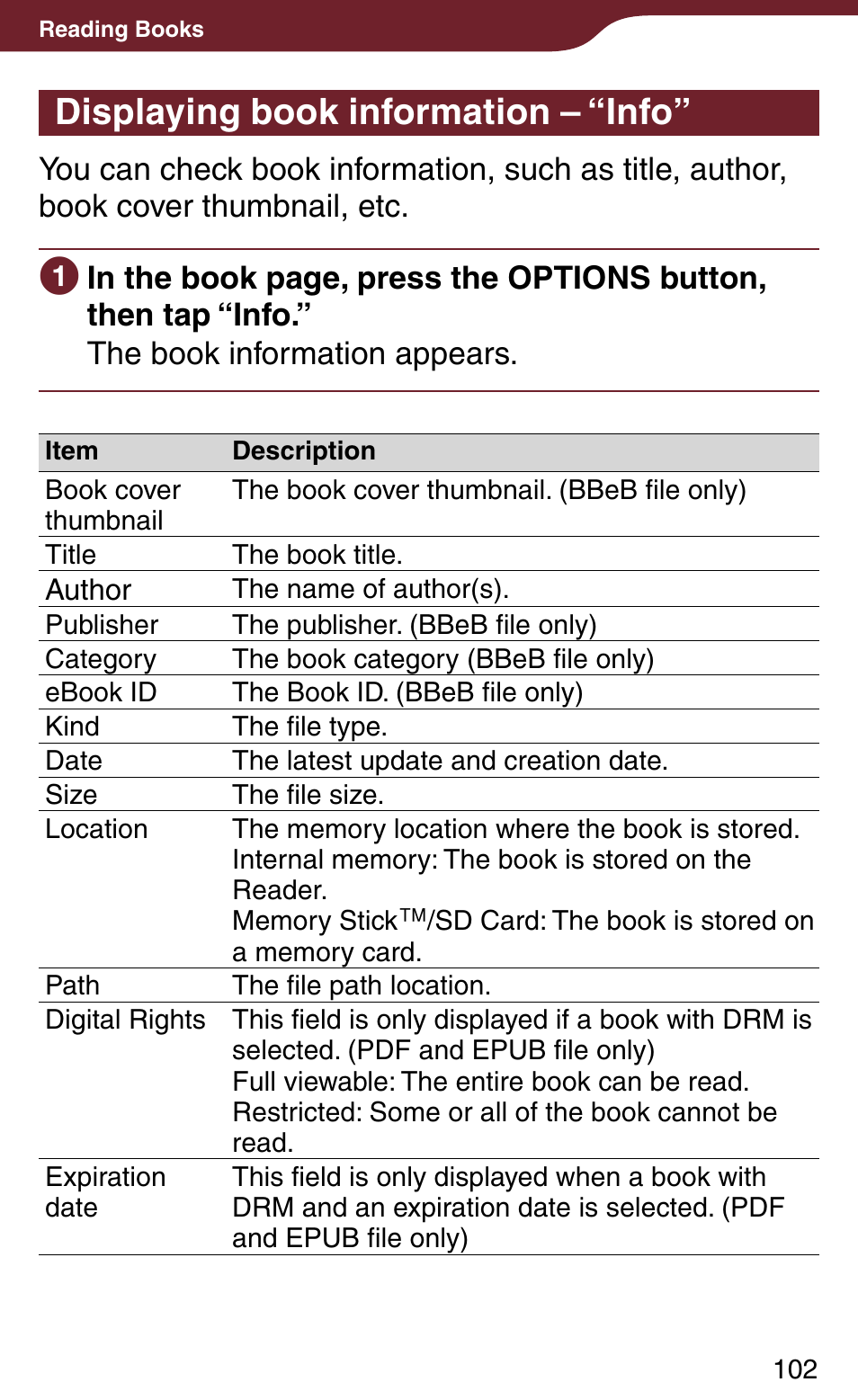 Displaying book information – “info, Mation | Sony PRS-900BC User Manual | Page 102 / 202