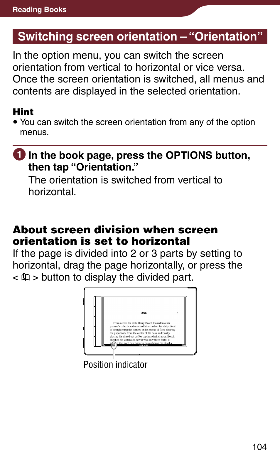 Switching screen orientation – “orientation, Or use the z, Mode | Ontal) | Sony PRS-900BC User Manual | Page 104 / 202