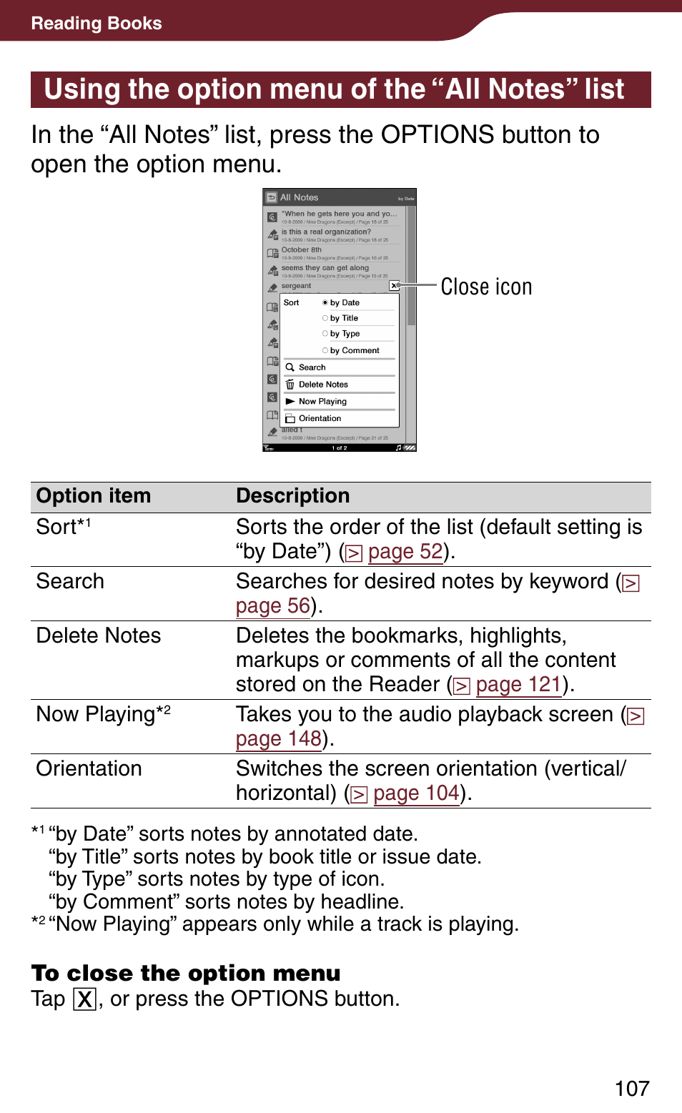 Using the option menu of the “all notes” list, List | Sony PRS-900BC User Manual | Page 107 / 202