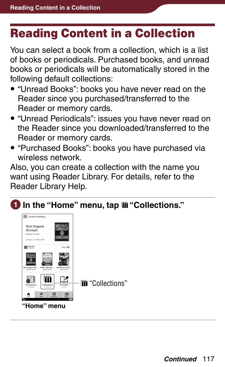 Reading content in a collection | Sony PRS-900BC User Manual | Page 117 / 202