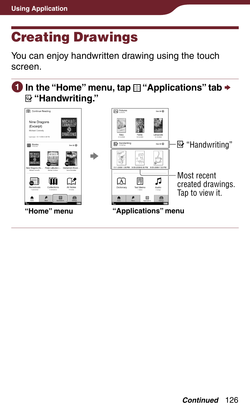 Using application, Creating drawings, Wings | Sony PRS-900BC User Manual | Page 126 / 202