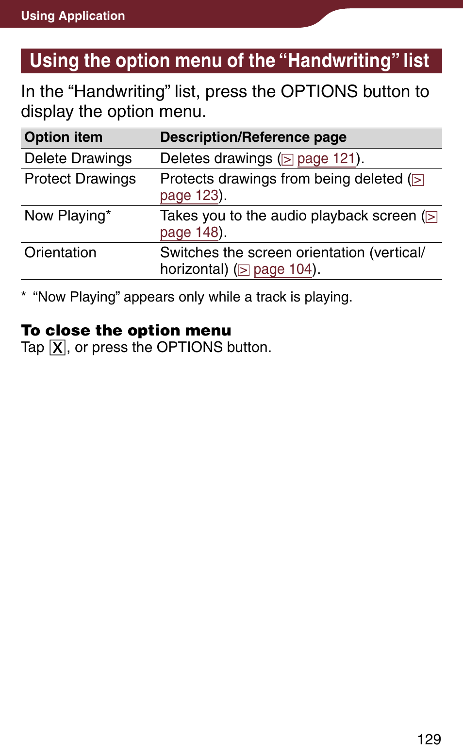 Using the option menu of the “handwriting” list | Sony PRS-900BC User Manual | Page 129 / 202