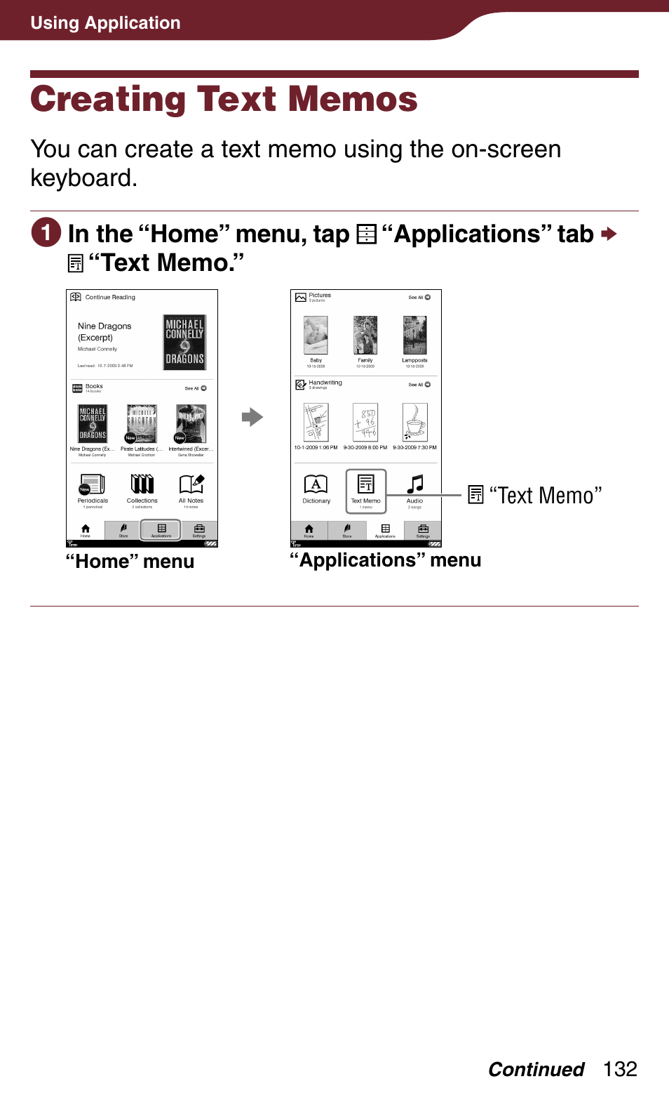 Creating text memos, Memo editor | Sony PRS-900BC User Manual | Page 132 / 202