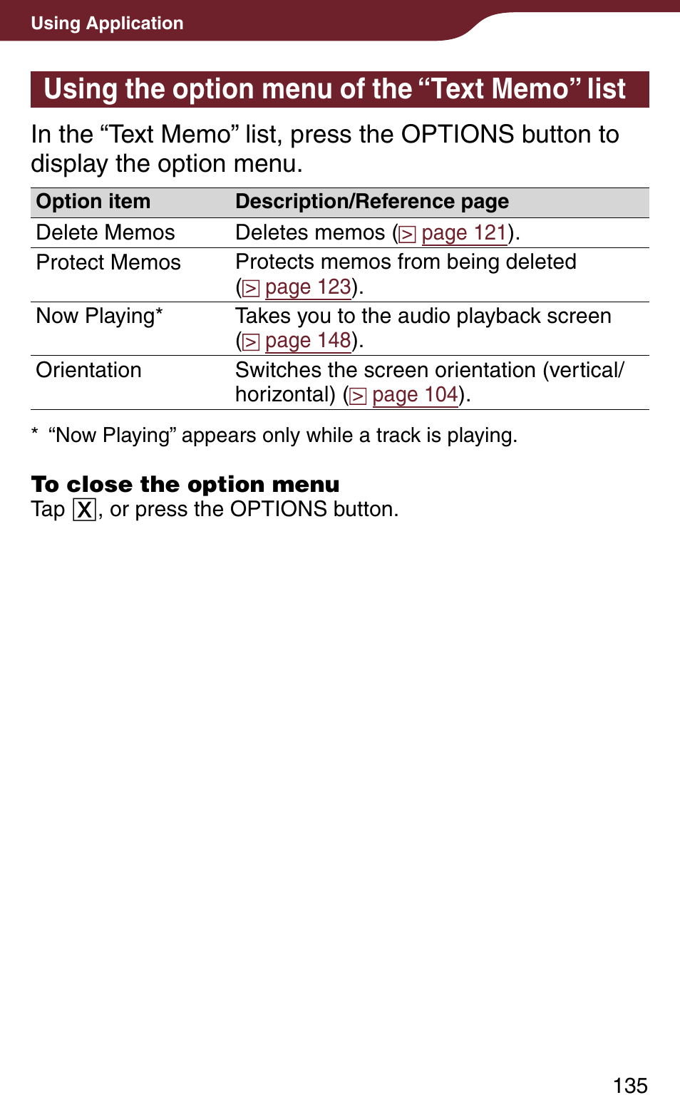 Using the option menu of the “text memo” list | Sony PRS-900BC User Manual | Page 135 / 202