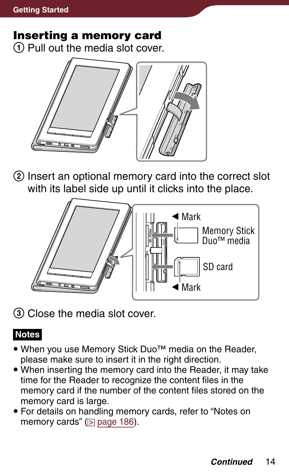 T an sd card (optional), Close the media slot cover | Sony PRS-900BC User Manual | Page 14 / 202