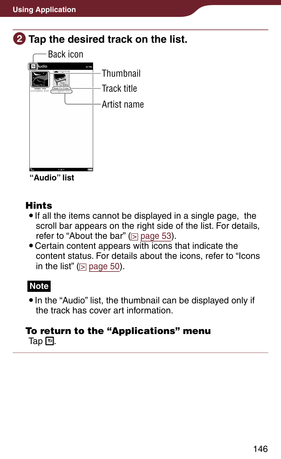 Tap the desired track on the list | Sony PRS-900BC User Manual | Page 146 / 202