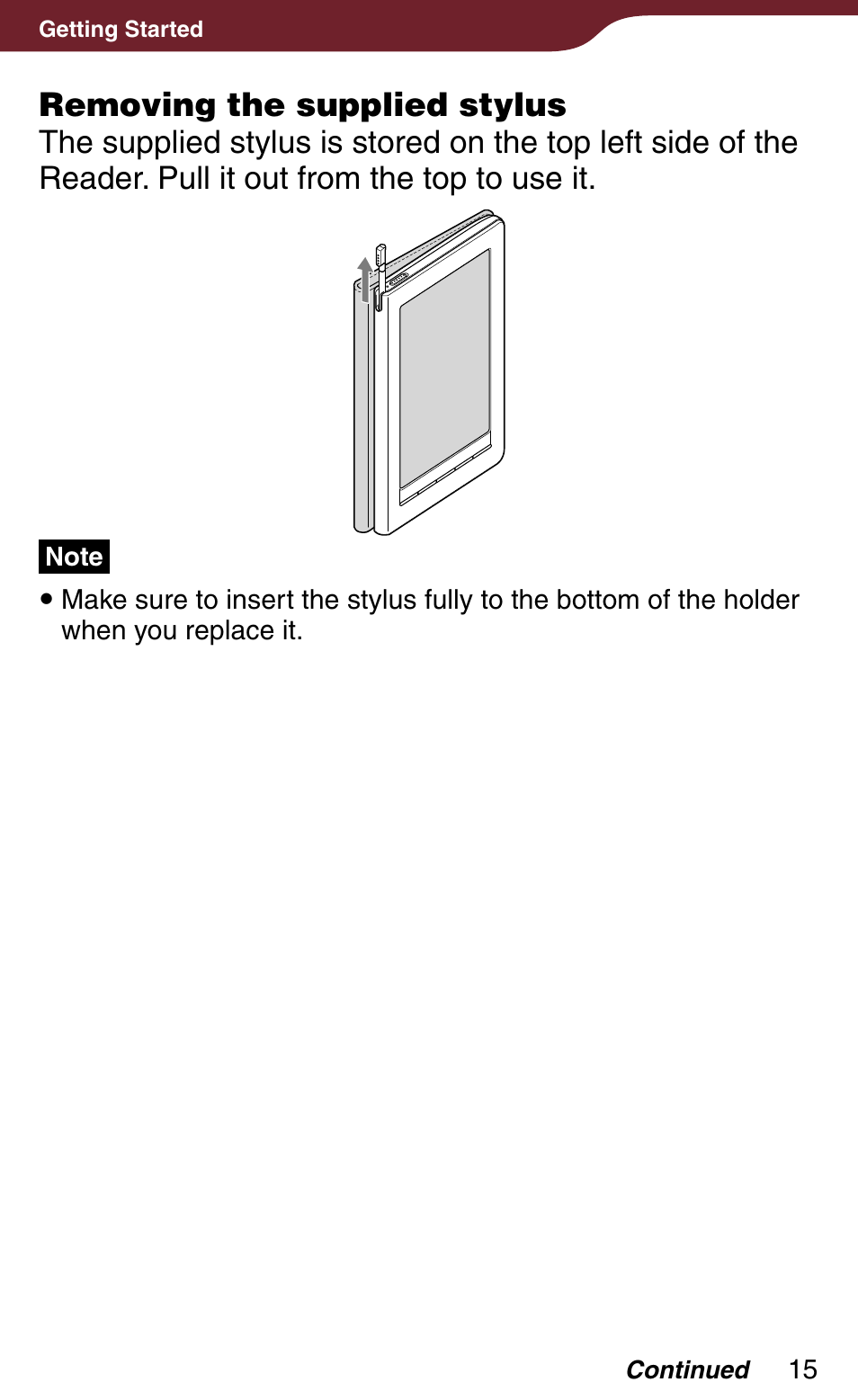 Removing the supplied stylus | Sony PRS-900BC User Manual | Page 15 / 202