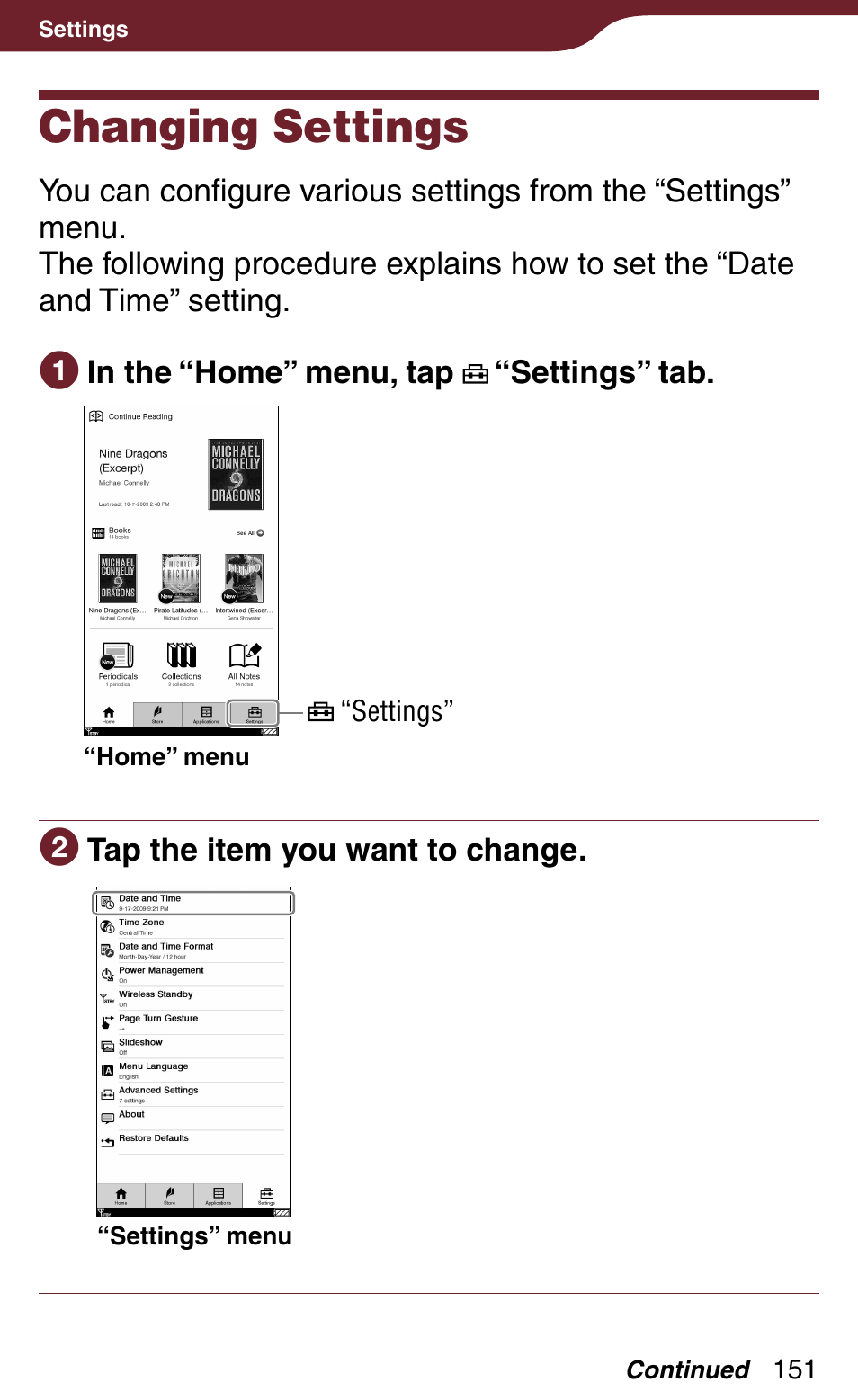 Settings, Changing settings, Changing settings 1 | Sony PRS-900BC User Manual | Page 151 / 202