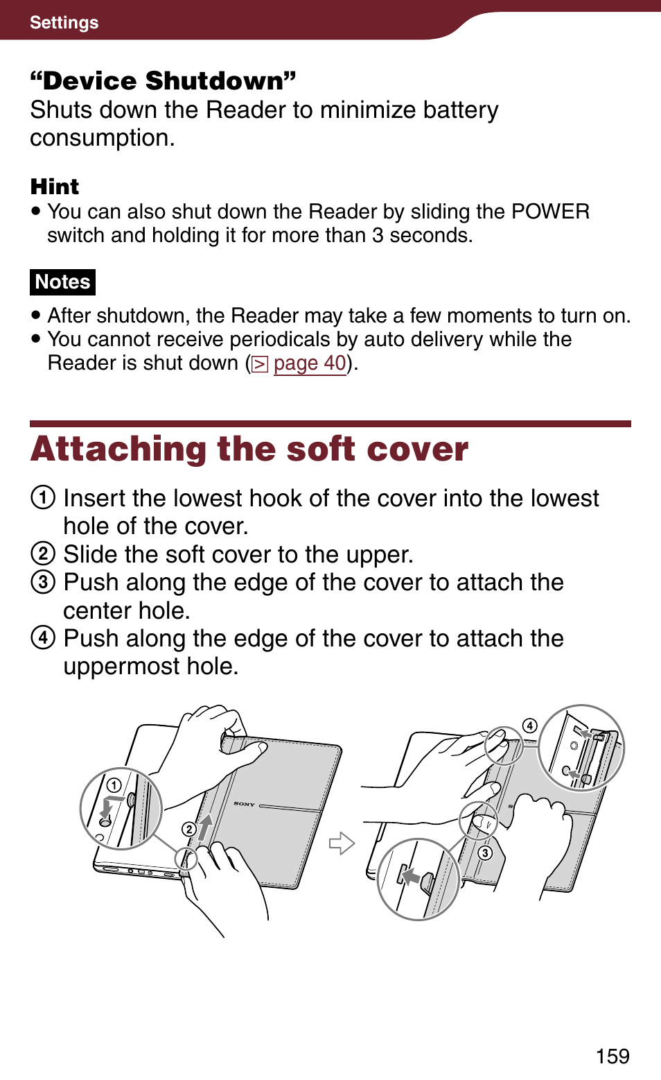 Attaching the soft cover, Attaching the soft cover 9 | Sony PRS-900BC User Manual | Page 159 / 202