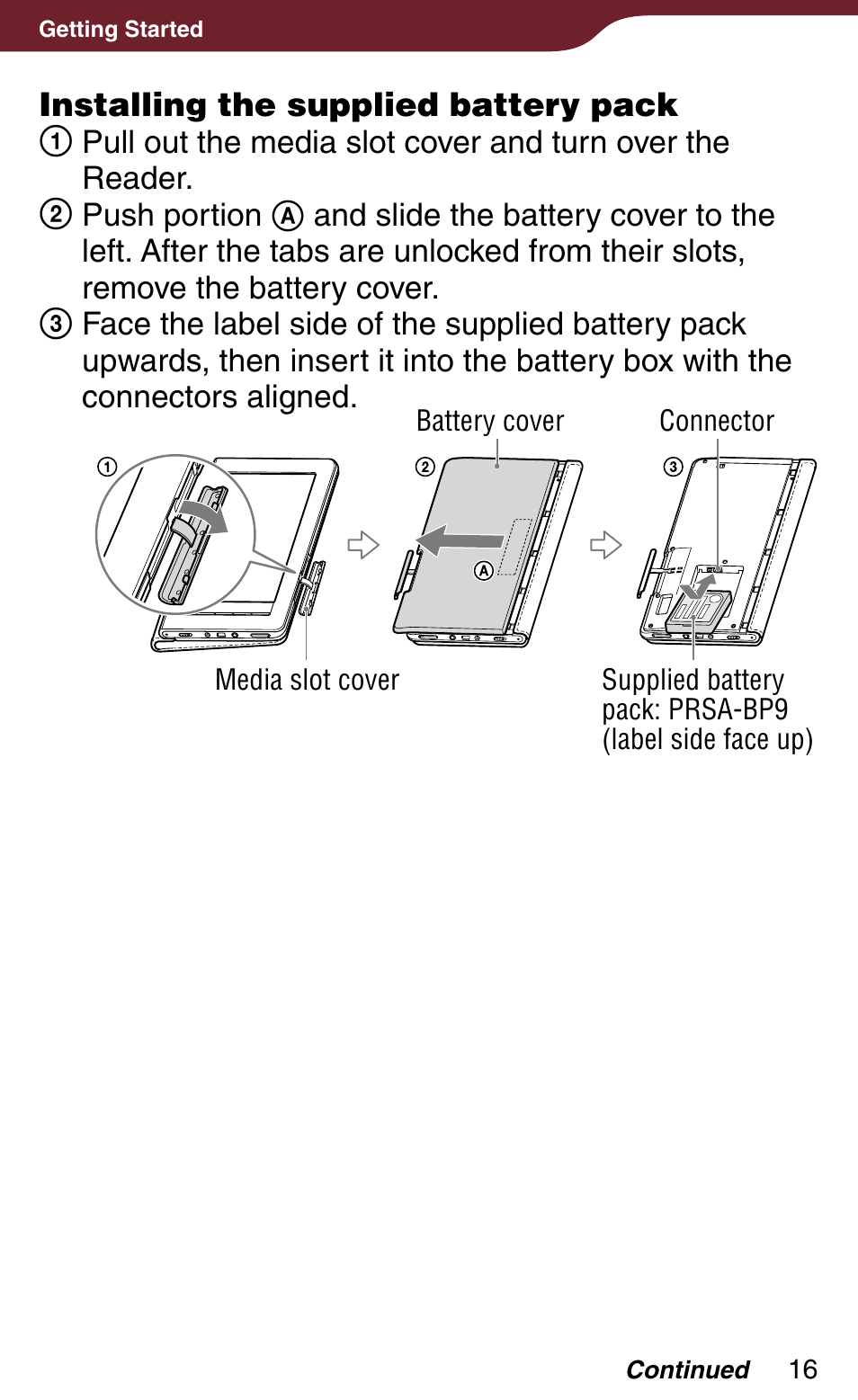 Installing the supplied battery pack | Sony PRS-900BC User Manual | Page 16 / 202