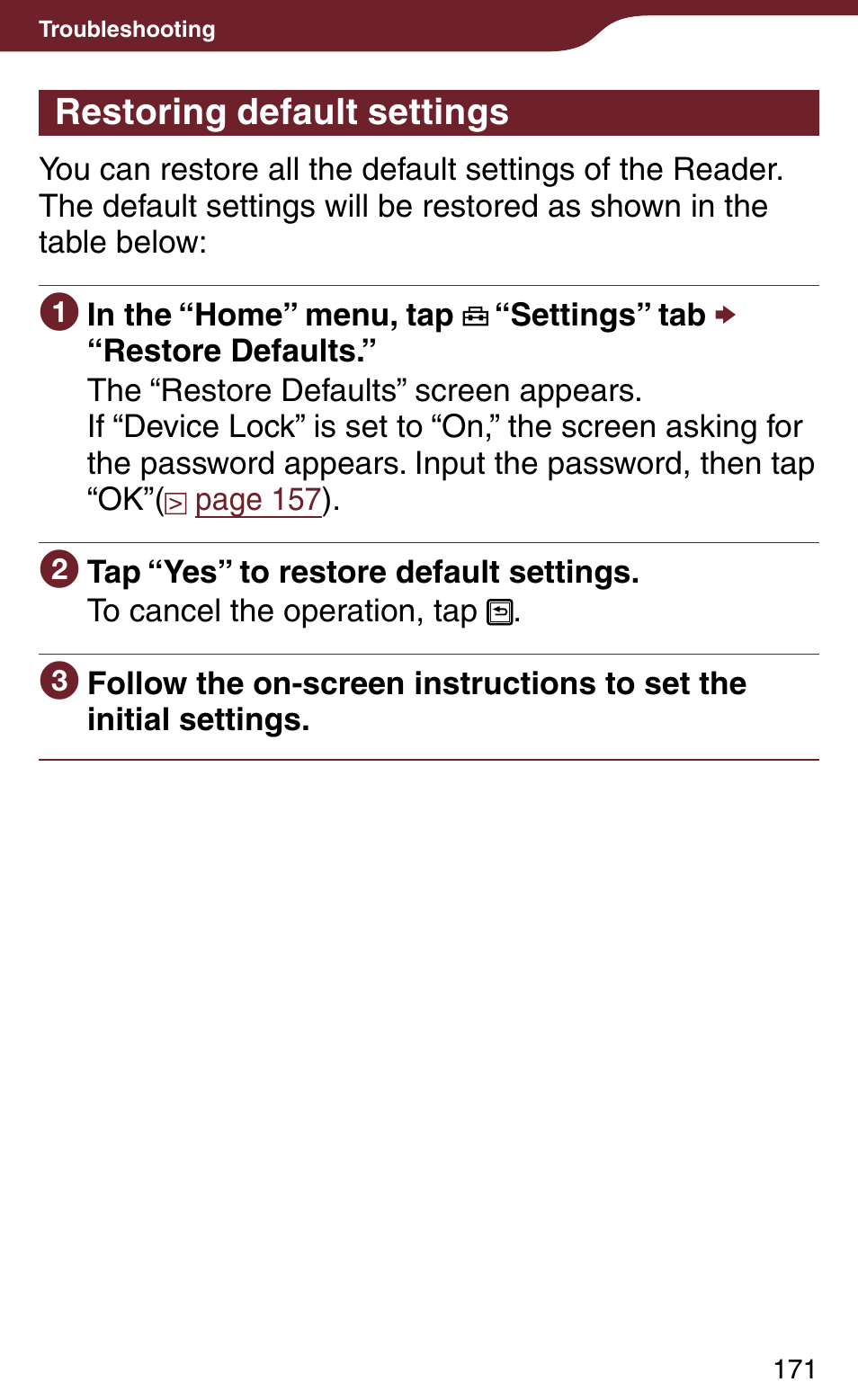 Restoring default settings, Aults | Sony PRS-900BC User Manual | Page 171 / 202