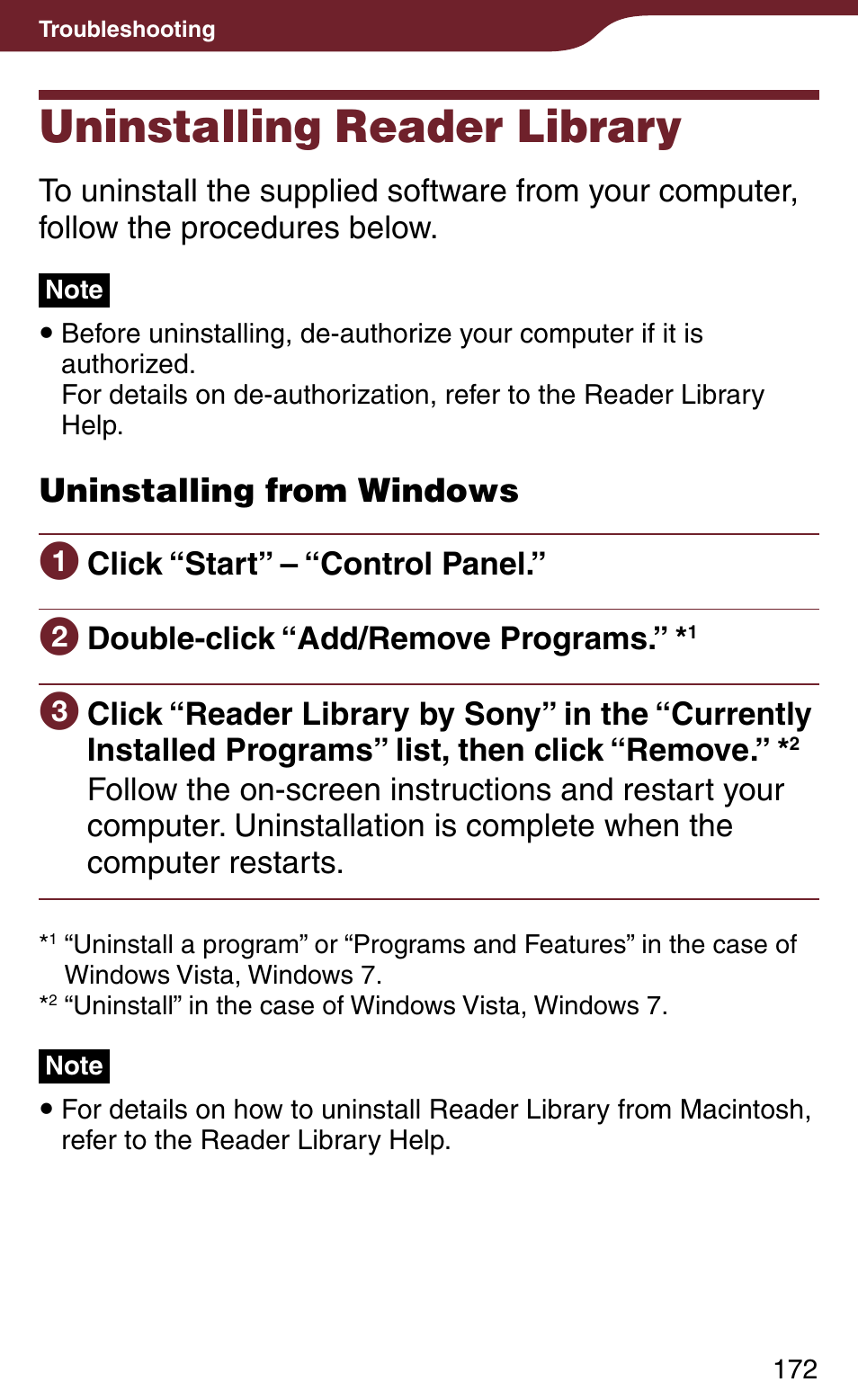 Uninstalling reader library, Uninstalling from windows, Click “start” – “control panel | Double-click “add/remove programs | Sony PRS-900BC User Manual | Page 172 / 202