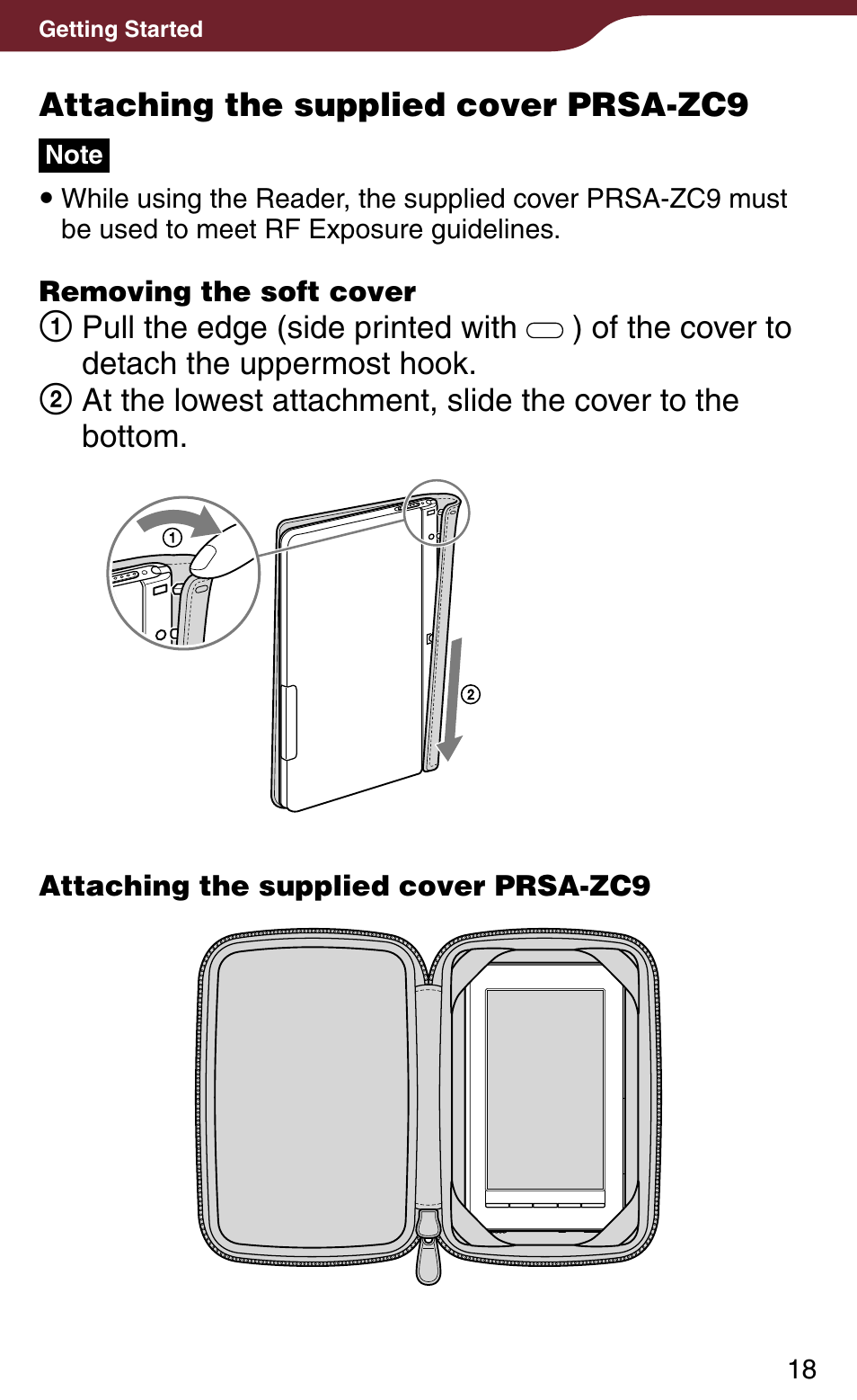 Er prsa-zc9, Attaching the supplied cover prsa-zc9 | Sony PRS-900BC User Manual | Page 18 / 202