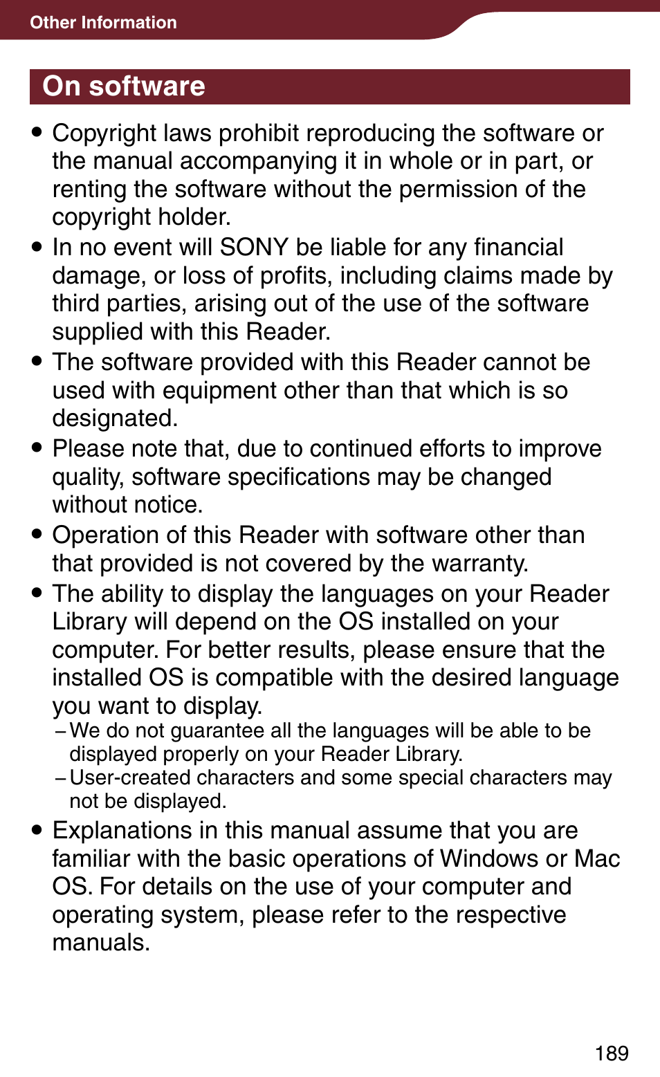 On software | Sony PRS-900BC User Manual | Page 189 / 202