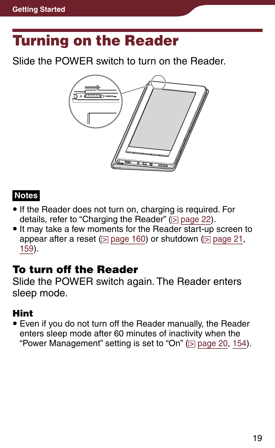 Turning on the reader, Slide the power switch to turn on the reader | Sony PRS-900BC User Manual | Page 19 / 202
