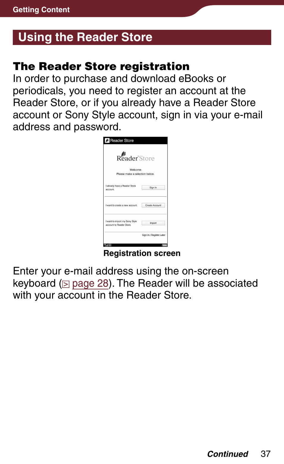 Using the reader store, Ation appears | Sony PRS-900BC User Manual | Page 37 / 202