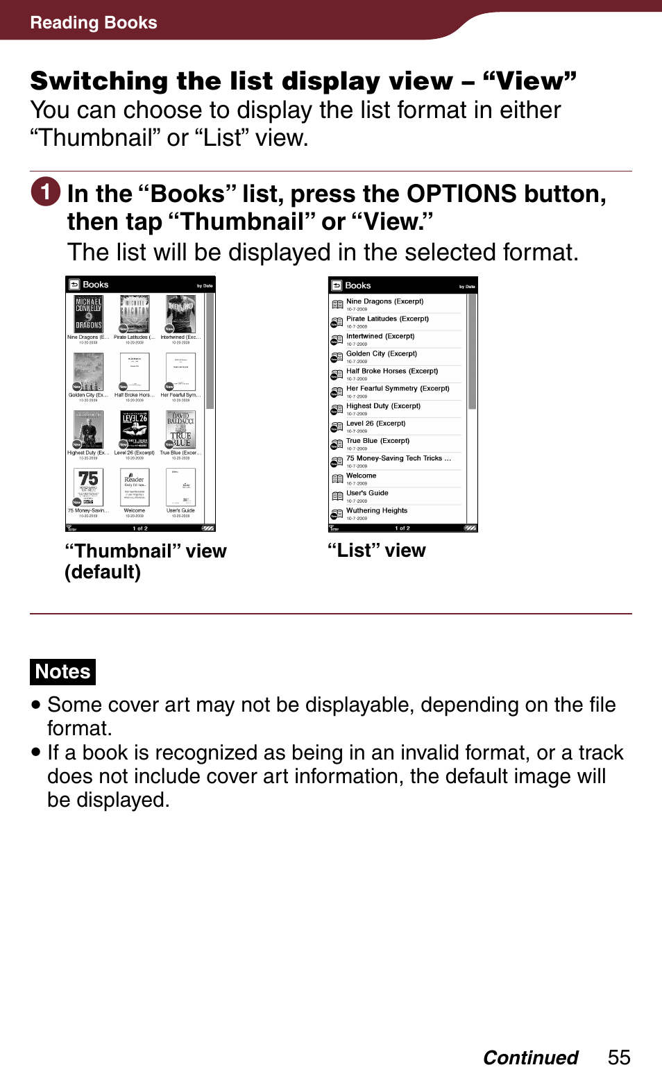 Thumbnail”), Switching the list display view – “view | Sony PRS-900BC User Manual | Page 55 / 202