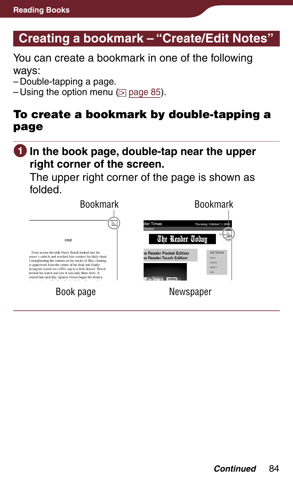 Creating a bookmark – “create/edit notes, Highlight | Sony PRS-900BC User Manual | Page 84 / 202