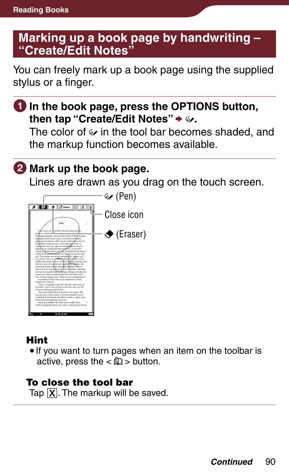 Wing on the touch screen, Or displa | Sony PRS-900BC User Manual | Page 90 / 202