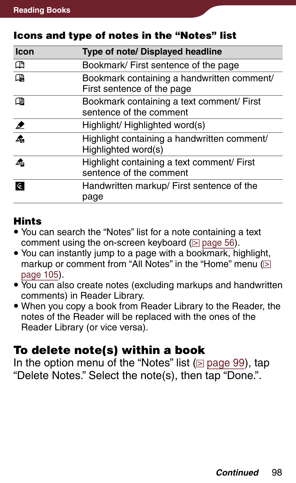 Indicates type of note, Headline | Sony PRS-900BC User Manual | Page 98 / 202