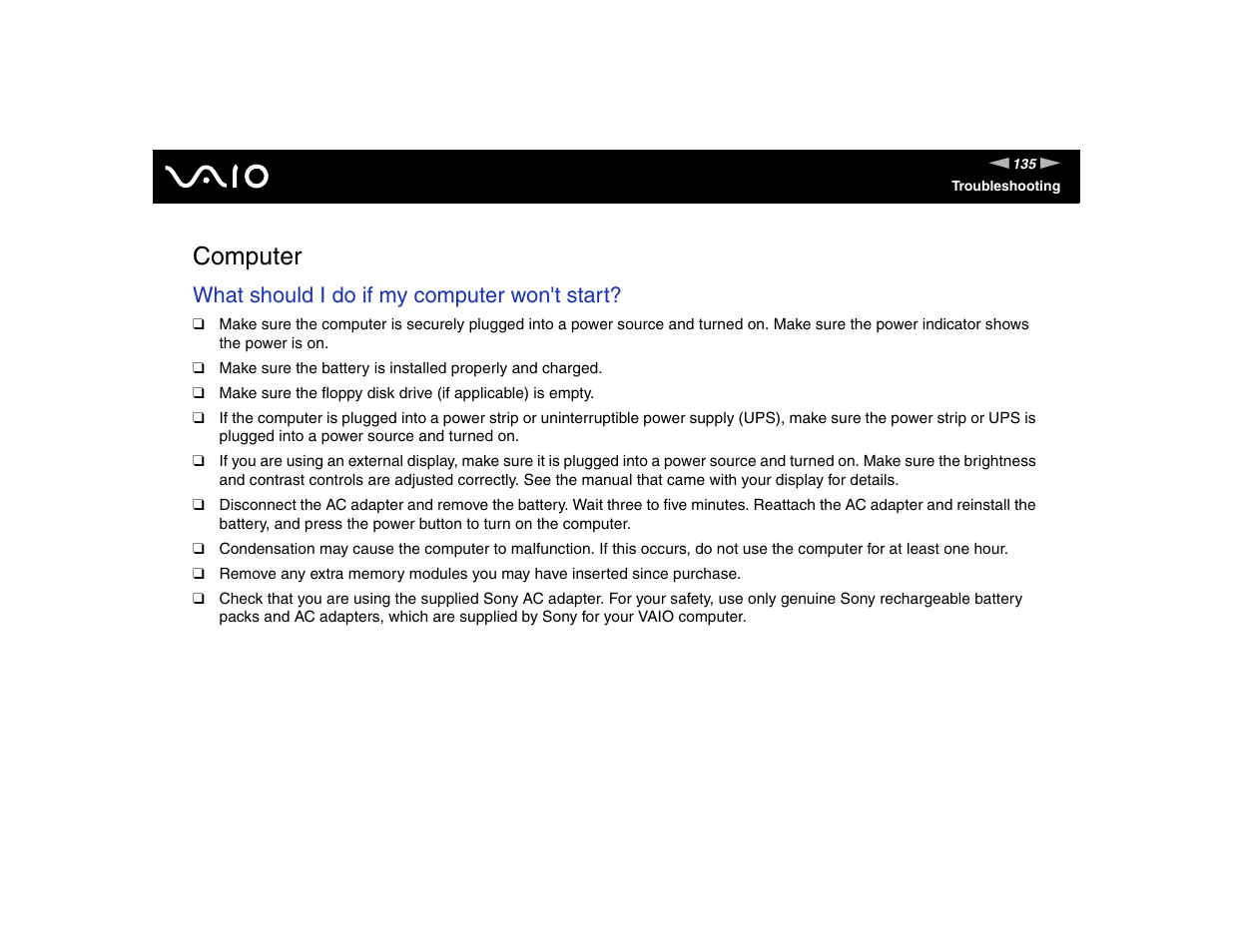 Computer, What should i do if my computer won't start | Sony VGN-FE570G User Manual | Page 135 / 194