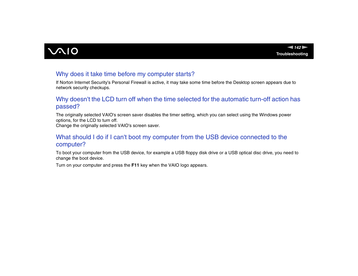 Why does it take time before my computer starts | Sony VGN-FE570G User Manual | Page 142 / 194