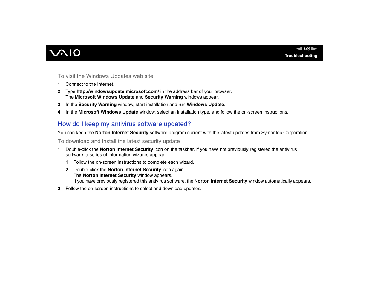 How do i keep my antivirus software updated | Sony VGN-FE570G User Manual | Page 145 / 194