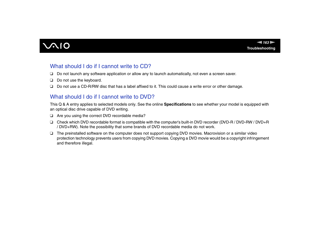 What should i do if i cannot write to cd, What should i do if i cannot write to dvd | Sony VGN-FE570G User Manual | Page 163 / 194
