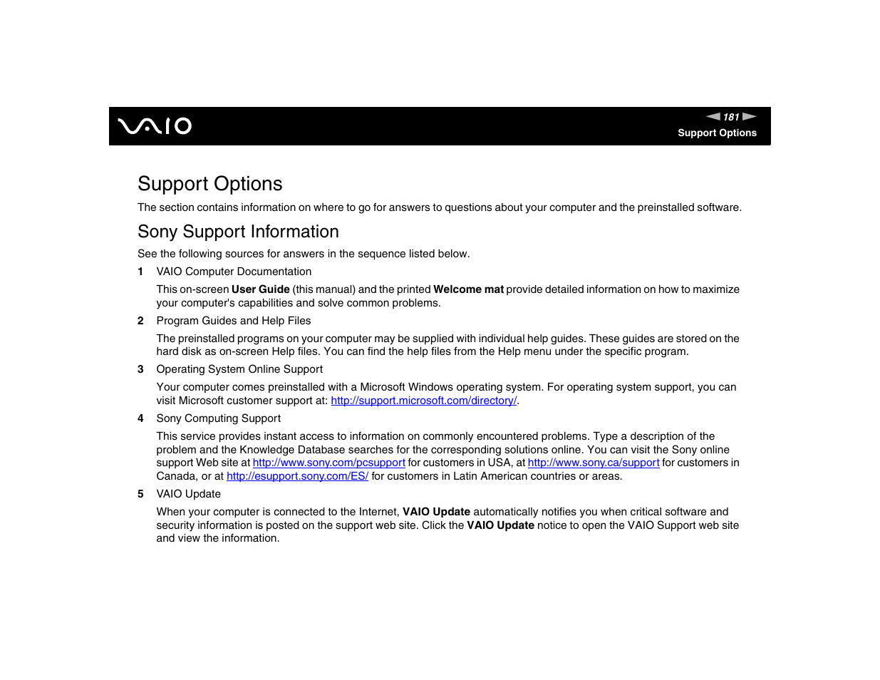 Support options, Sony support information | Sony VGN-FE570G User Manual | Page 181 / 194