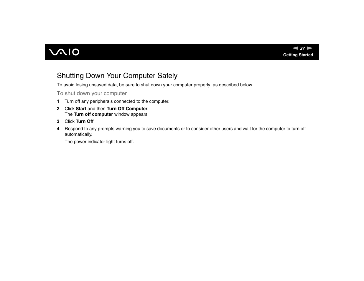 Shutting down your computer safely | Sony VGN-FE570G User Manual | Page 27 / 194