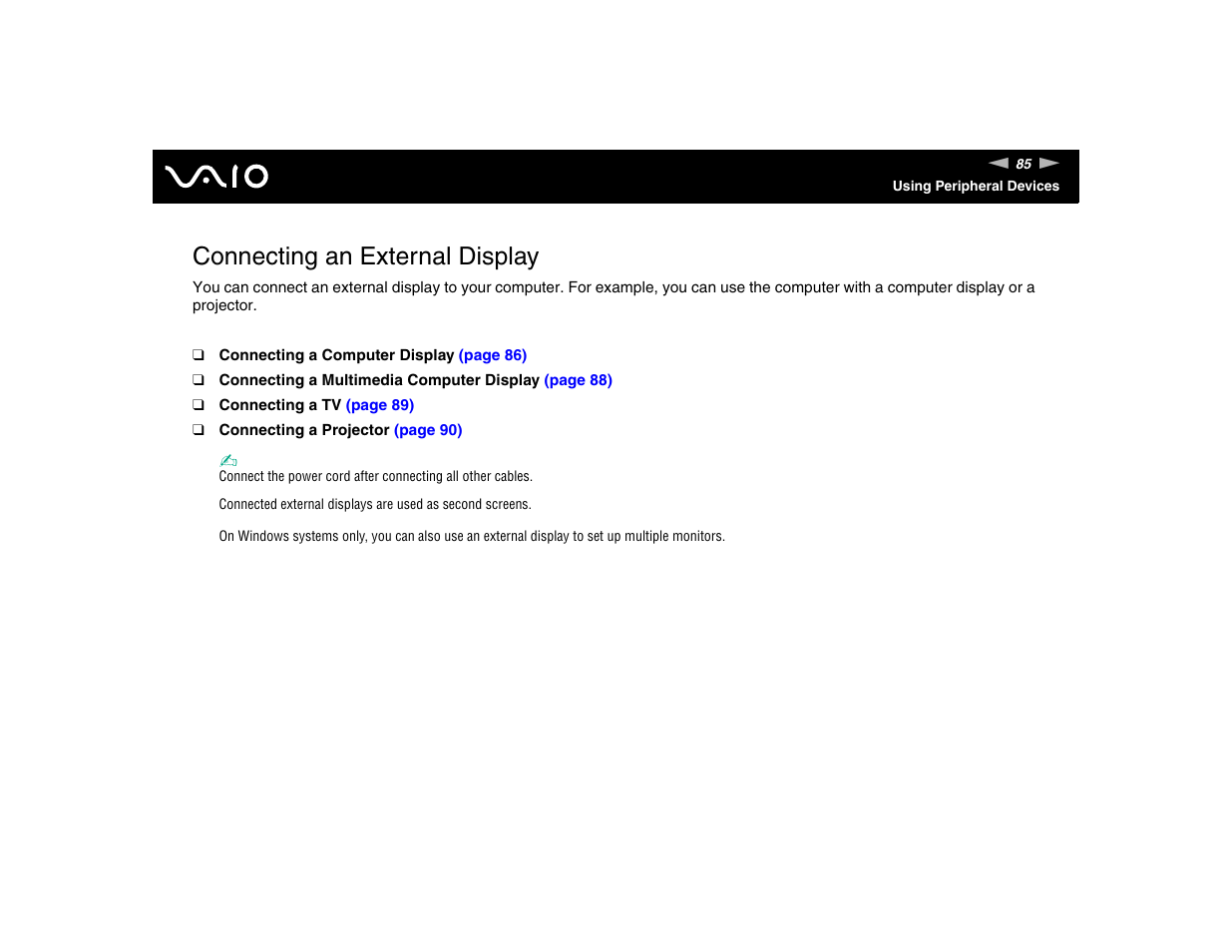 Connecting an external display | Sony VGN-FE570G User Manual | Page 85 / 194