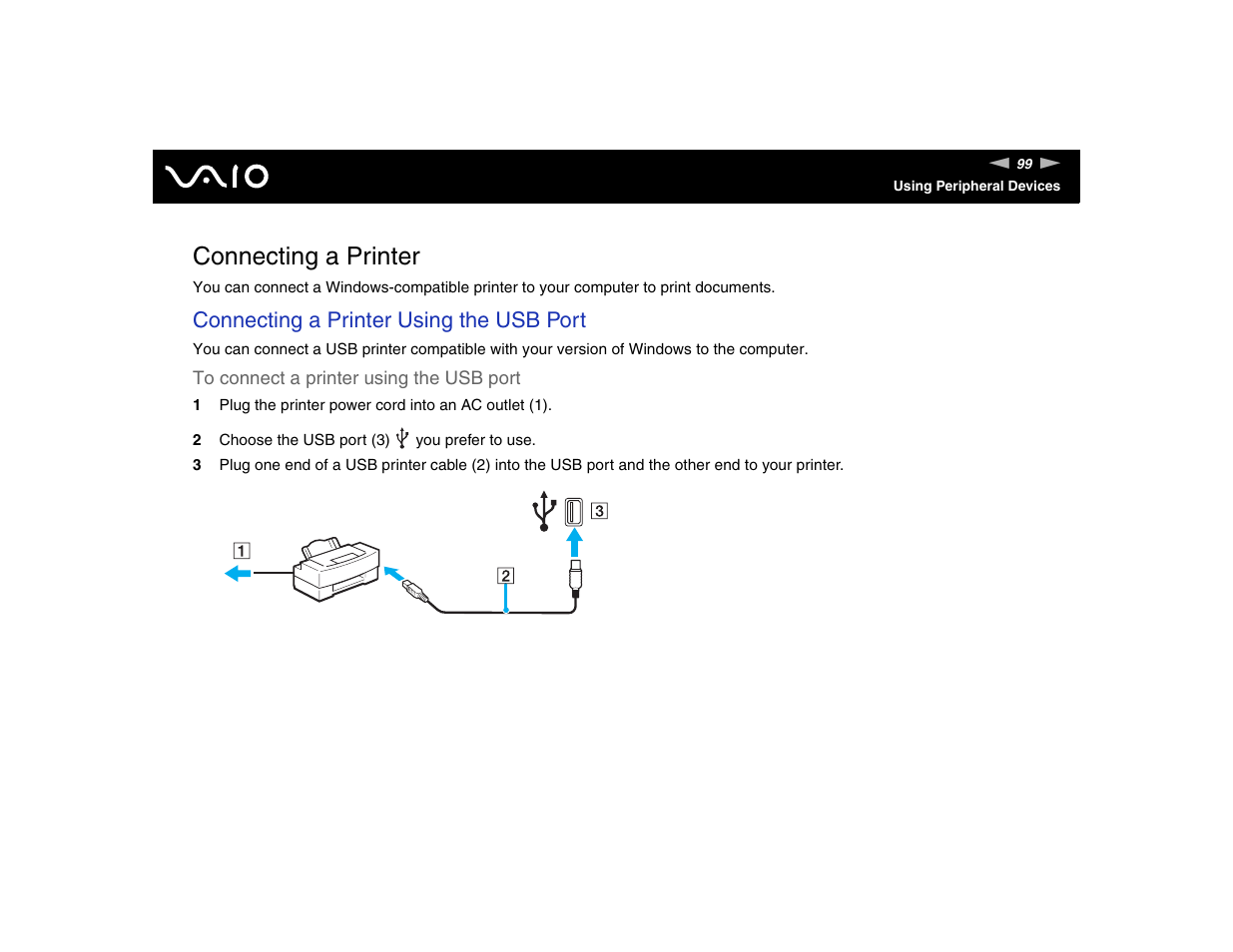 Connecting a printer, Connecting a printer using the usb port | Sony VGN-FE570G User Manual | Page 99 / 194